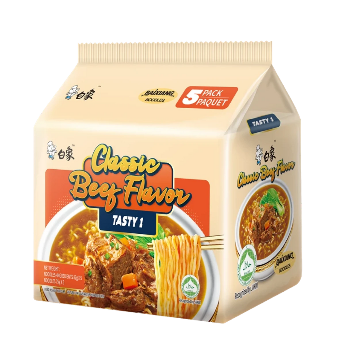 Baixiang White Elephant Classic Nudelsuppe mit Rindfleischgeschmack, Beutel 82g*5