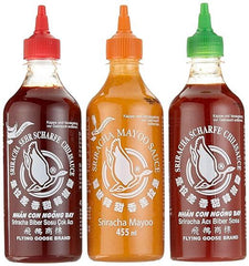 FLYING GOOSE Sriracha scharfe Chilisaucen Mischkarton 3 X 455ml (1 x scharf , 1 x sehr scharf , 1x Mayoo)