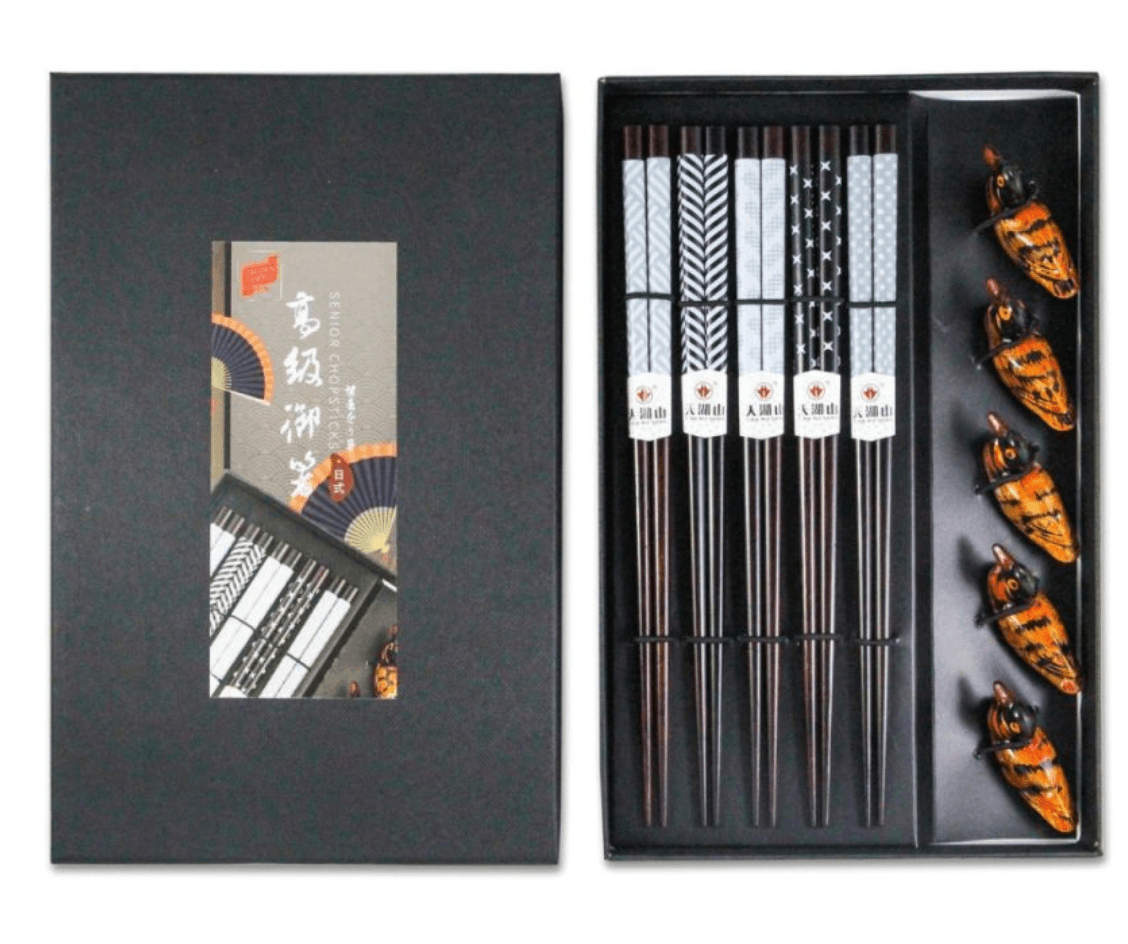 GOLDEN TURTLE Esstäbchen Set 5 Paare mit Ablage Ente Geschenkbox