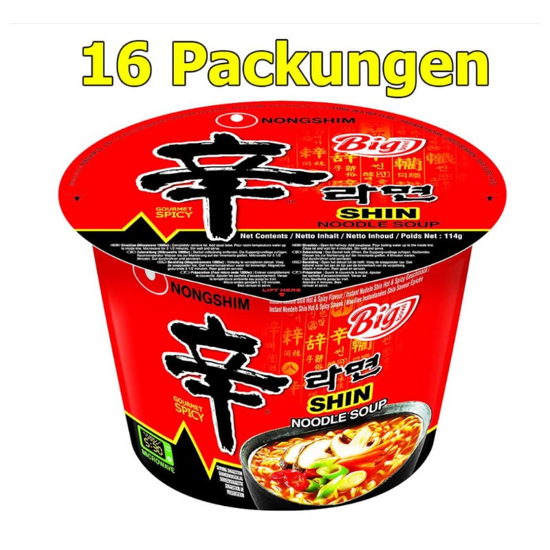 Nongshim Instantnudeln, Shin Ramyun, Big Bowl, sehr scharf, 16er Pack 16 x 114 g