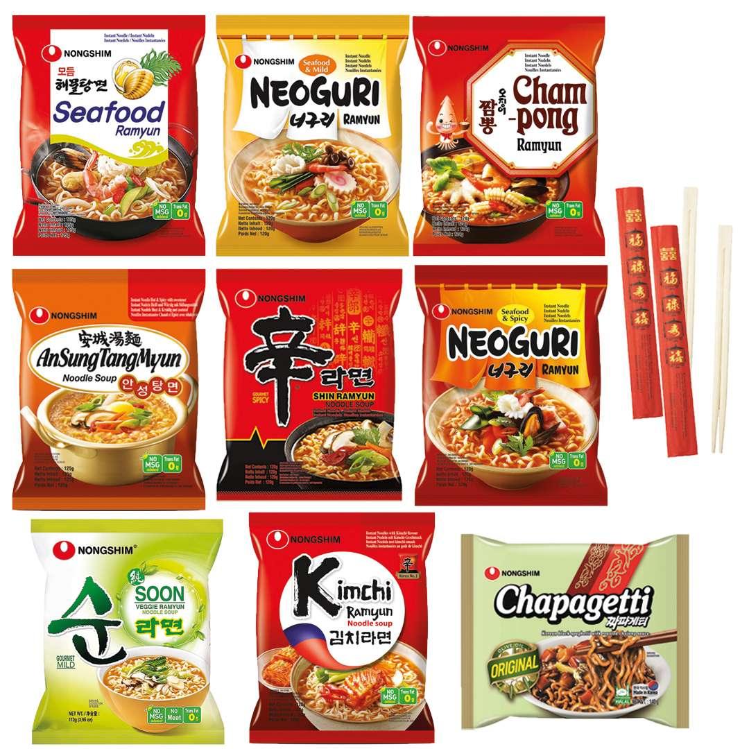 Nongshim Ramen Box mit 9 Sorten + 2 Einweg Bambusstäbchen gratis