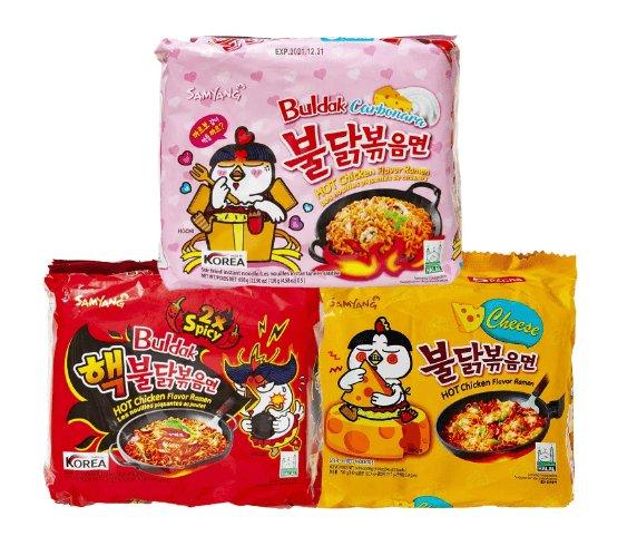 Samyang Buldak Ramen Combo | 5er Pack Hot Chicken Carbonara & 5er Pack Käse & 5er Pack 2 x Scharf
