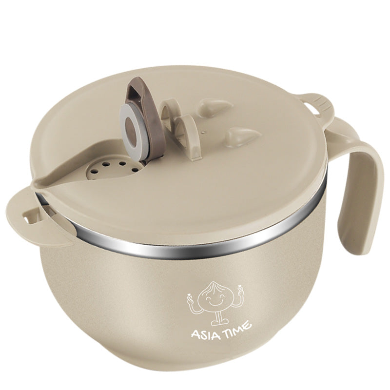 Dewocke 1000 ml Double Layer Ramen Bowl with Lid and Handle, Large Microwave Pasta Bowl, Instant Pasta Bowl, Stainless Steel, Soup Bowl for Pasta, Salad, Soup - Beige